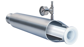 Cutaway view of Blacoh Sentry CIP sanitary flow-through dampener